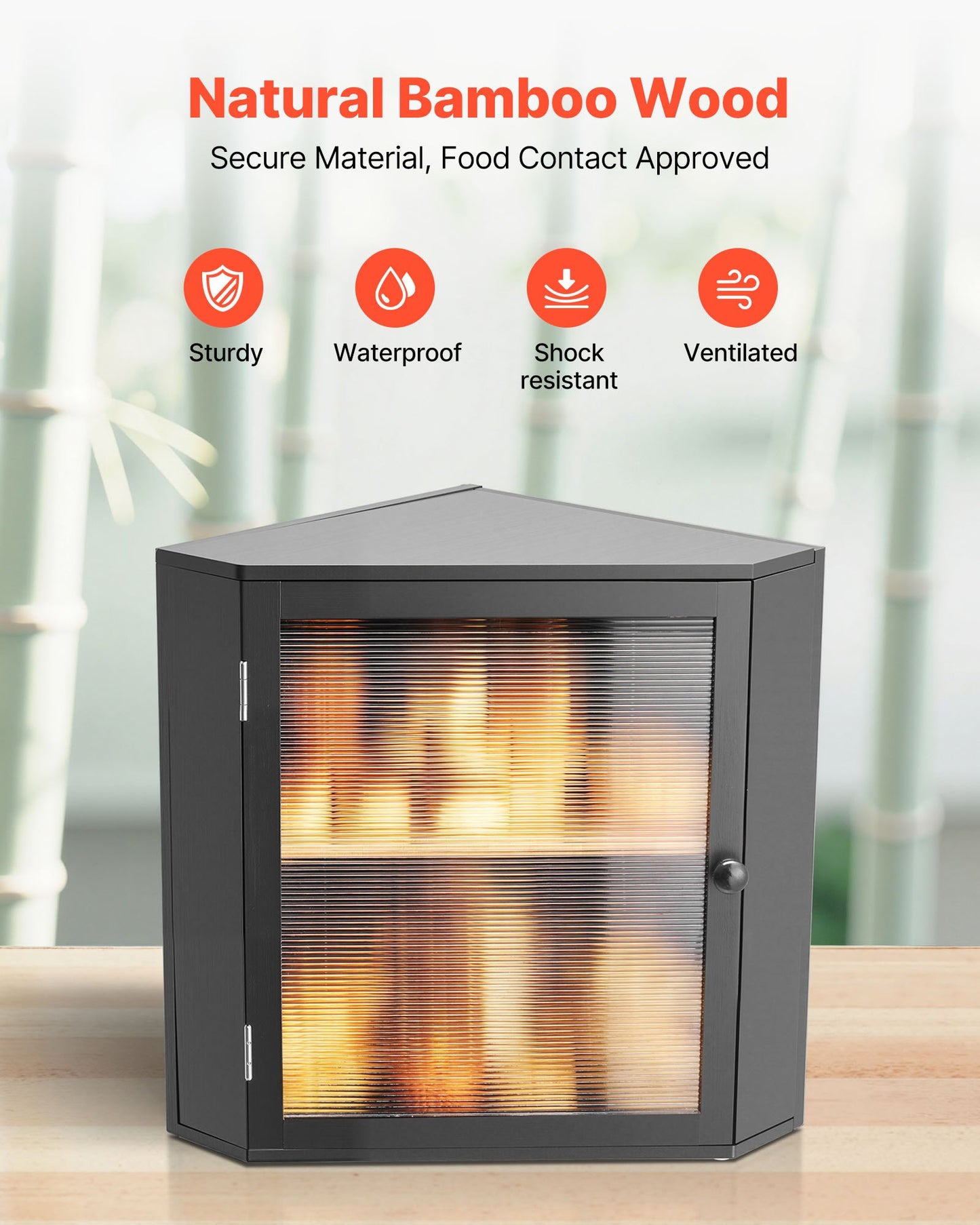 Hörnbrödlåda för köksbänk, dubbelskiktad stor kapacitet bambu brödförvaringsbehållare, lantlig träbrödlåda för hembakat bröd, förvaringshållare med akrylvågig dörr, svart