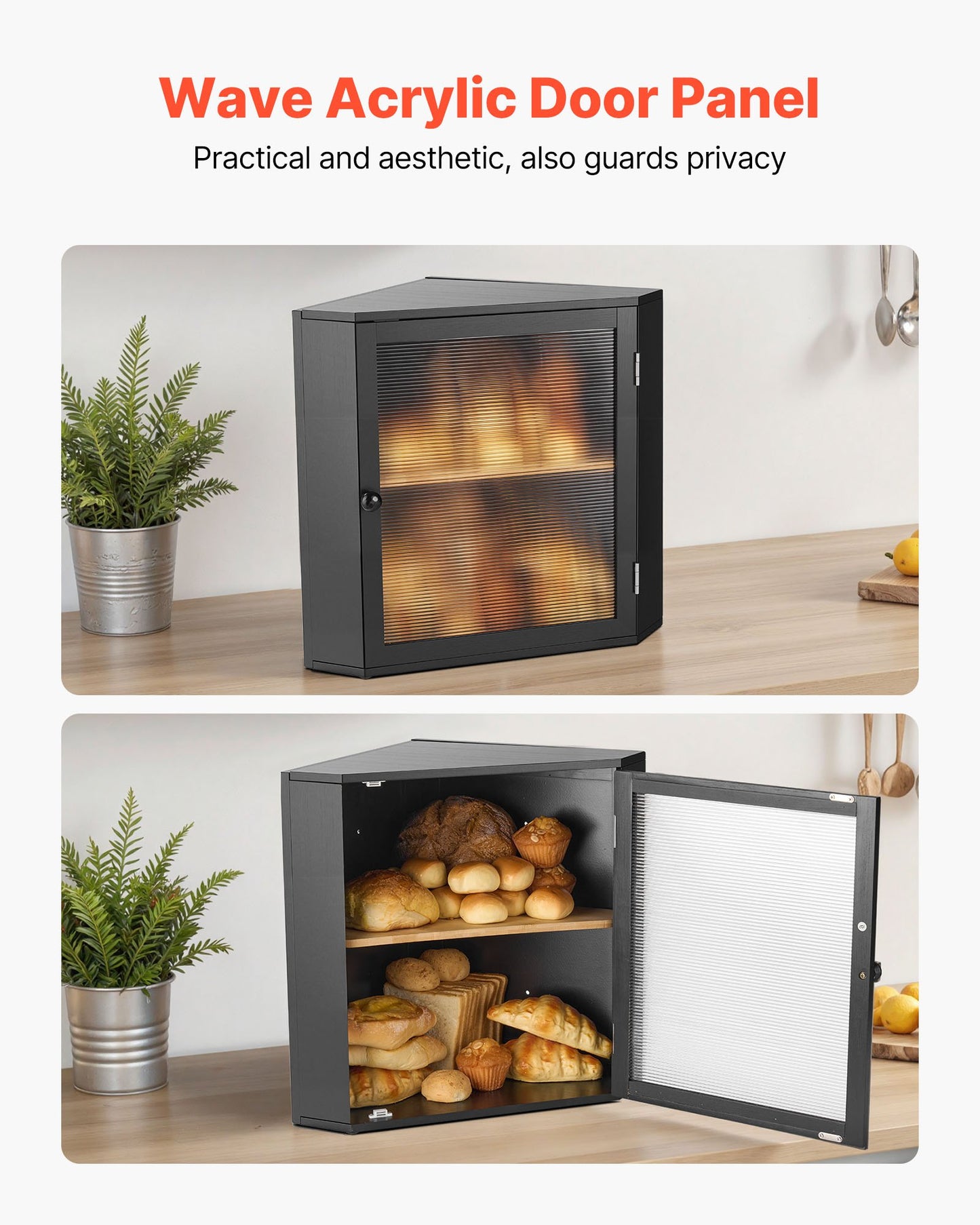 Hörnbrödlåda för köksbänk, dubbelskiktad stor kapacitet bambu brödförvaringsbehållare, lantlig träbrödlåda för hembakat bröd, förvaringshållare med akrylvågig dörr, svart