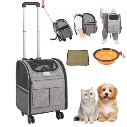 Cat Carrier with Wheels, Rolling Pet Carrier with Telescopic Handle and Shoulder Strap, Dog Carrier with Wheels for Pets under 18 lbs, with 1 Folding Bowl, Grey