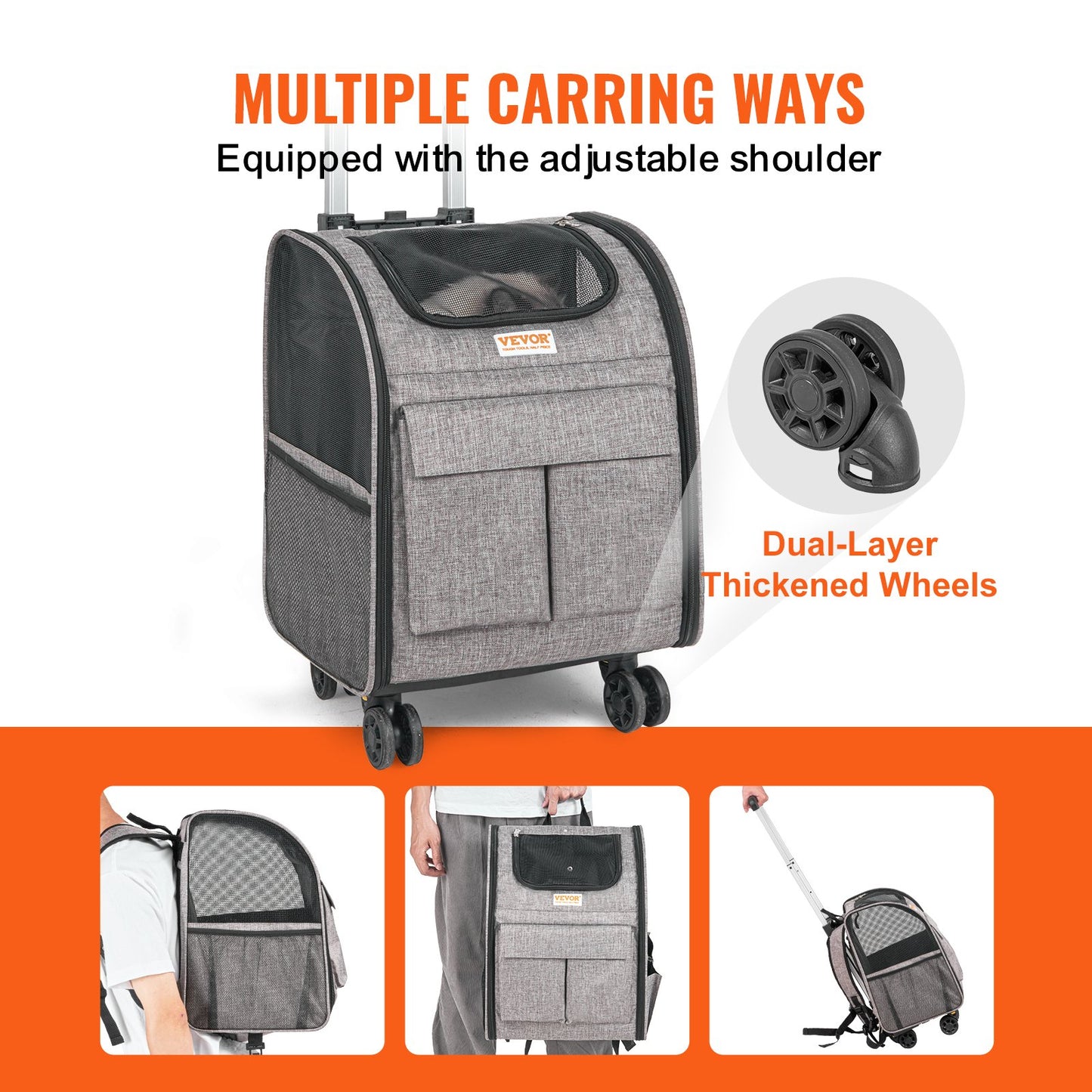 Cat Carrier with Wheels, Rolling Pet Carrier with Telescopic Handle and Shoulder Strap, Dog Carrier with Wheels for Pets under 18 lbs, with 1 Folding Bowl, Grey