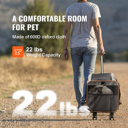 Cat Carrier with Wheels, Airline Approved Rolling Pet Carrier with Telescopic Handle and Shoulder Strap, Dog Carrier with Wheels for Pets under 22 lbs, with 1 Folding Bowl, Grey