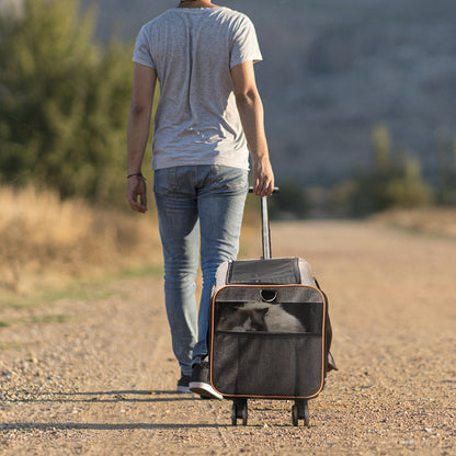 Kattbur med hjul, flygbolagsgodkänd rullande husdjursbur med teleskophandtag och axelrem, hundbur med hjul för husdjur under 11,6 kg, med 1 hopfällbar skål, grå