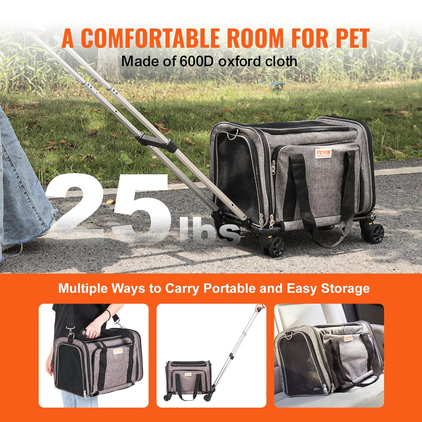 Cat Carrier with Wheels, Airline Approved Rolling Pet Carrier with Telescopic Handle and Shoulder Strap, Dog Carrier with Wheels for Pets under 25 lbs, with 1 Folding Bowl, Grey