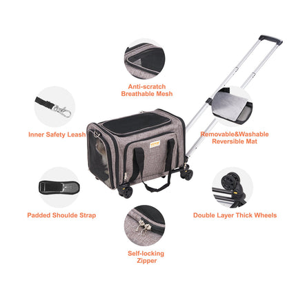 Cat Carrier with Wheels, Airline Approved Rolling Pet Carrier with Telescopic Handle and Shoulder Strap, Dog Carrier with Wheels for Pets under 25 lbs, with 1 Folding Bowl, Grey