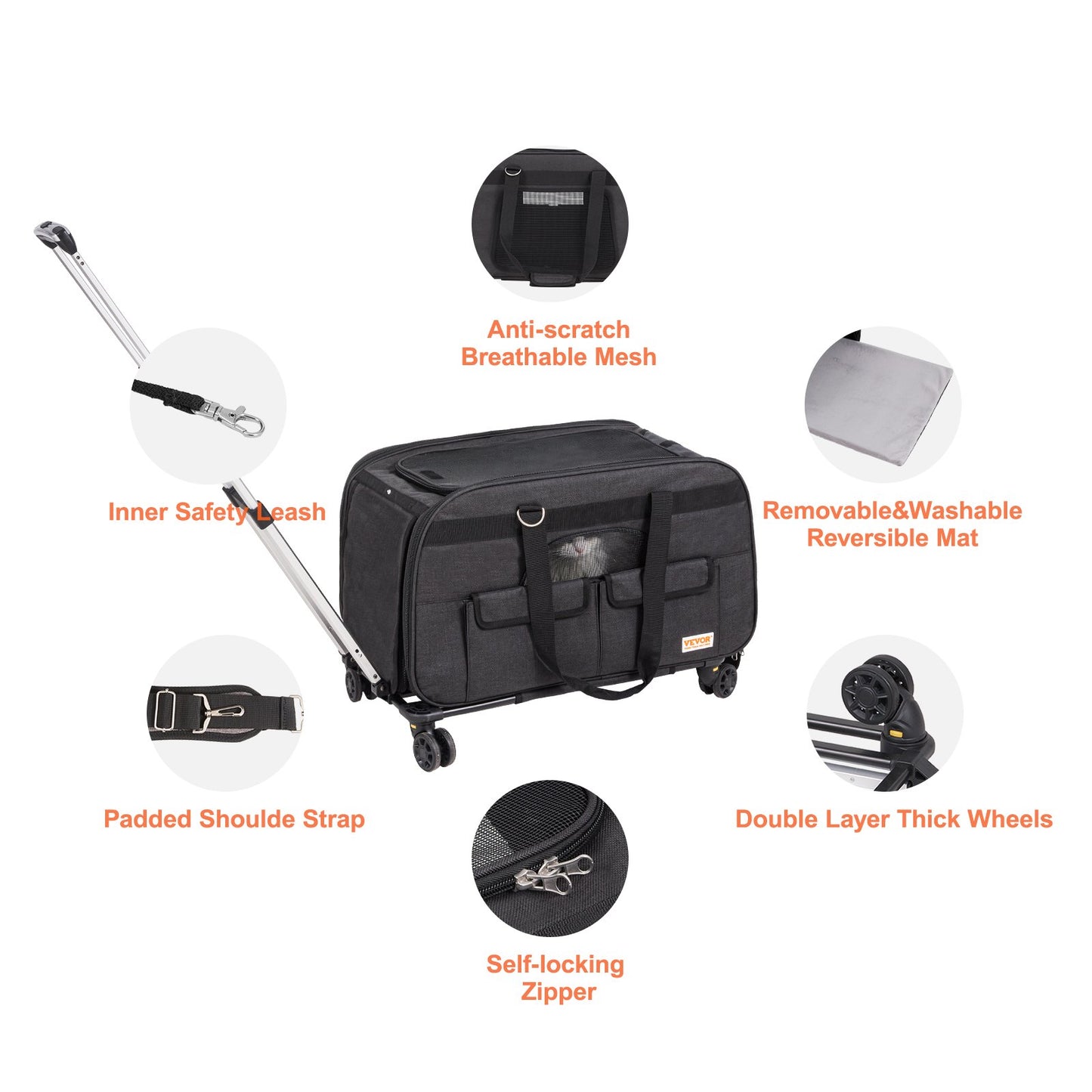 Cat Carrier with Wheels, Rolling Pet Carrier with Telescopic Handle and Shoulder Strap, Dog Carrier with Wheels for Pets under 15.9 kg, with 1 Folding Bowl, Black