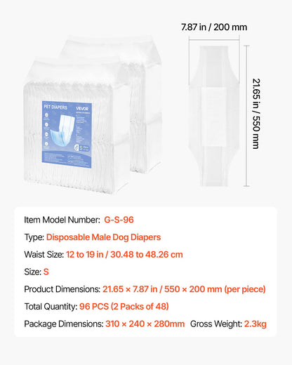Engångsblöjor för hanhundar, superabsorberande blöjor för hanhundar, 360° läckagesäkra magblöjor med våtindikator för hundar i löp, träning, inkontinens - S, 96 st (2 förpackningar med 48)