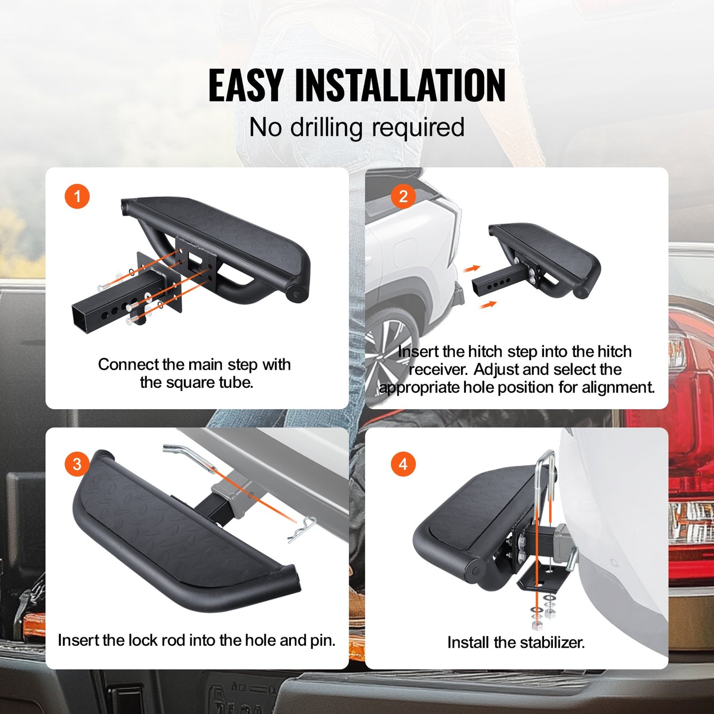 Hitch Step for 2 Inch Receiver, Strong Steel Construction with 350 LBS Load Capacity, Rear Bumper Guard Protector with Pin Lock and Stabilizer, Universal Fit for Truck, SUV, Pickup, Trailer