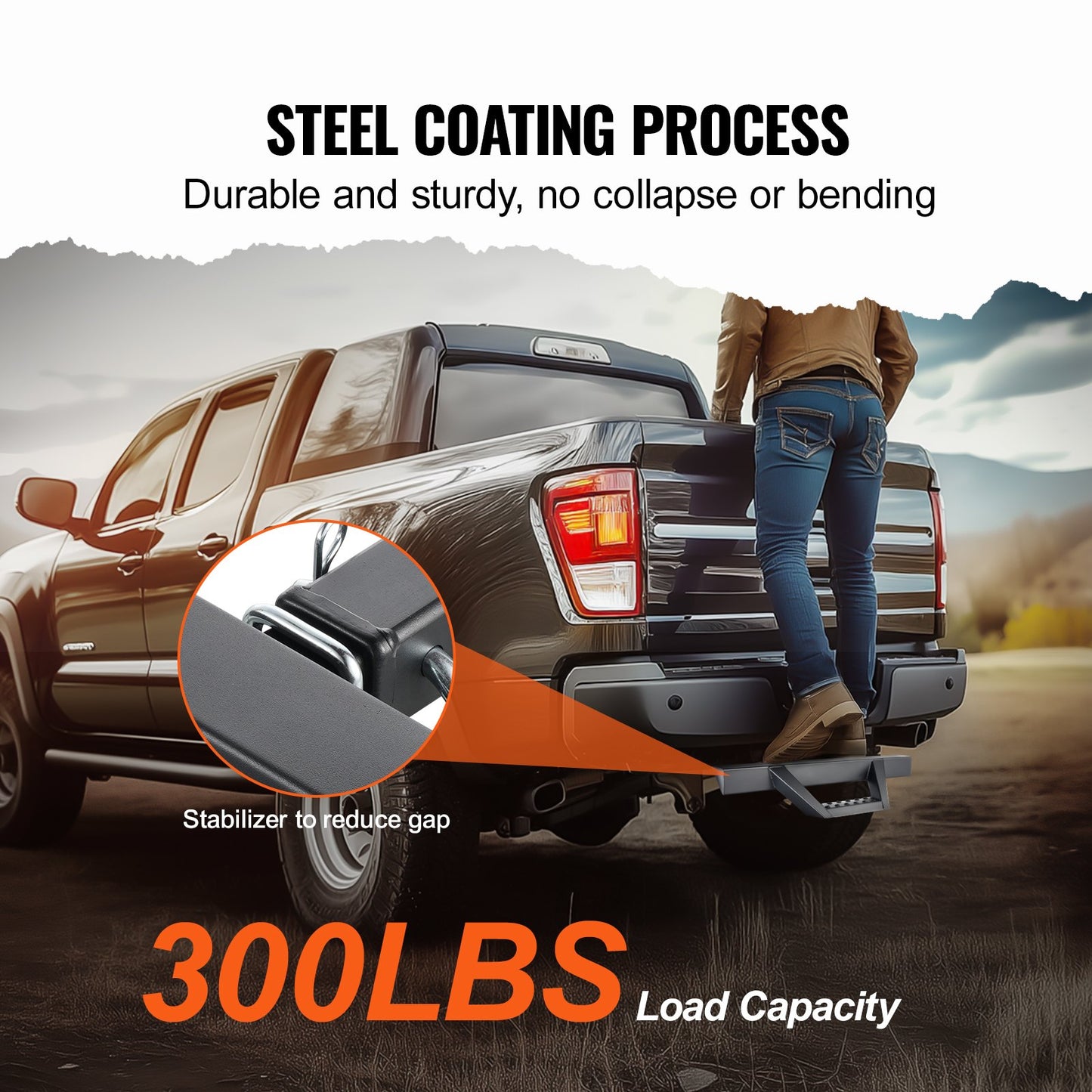 Hitch Step for 2 Inch Receiver, Strong Steel Construction with 300 LBS Load Capacity, Rear Bumper Guard Protector with Pin Lock and Stabilizer, Universal Fit for Truck, SUV, Pickup, Trailer