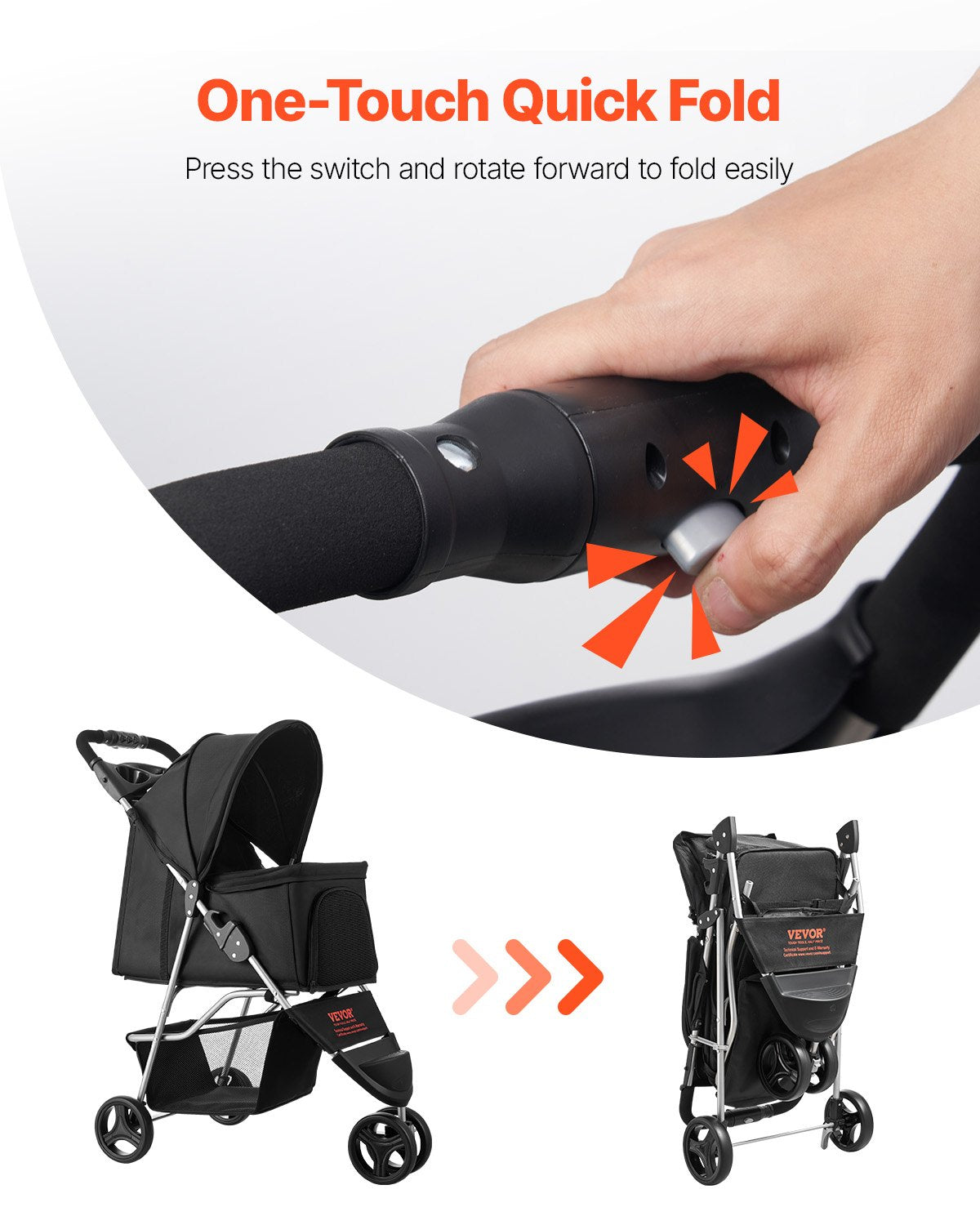 Pet Stroller, 35 lbs Weight Capacity, Foldable Dog Stroller Cart, 3 Wheels Cats Stroller with Mesh Windows and Cup Holders, Portable Pet Carrier Stroller with Brake, for Small to Medium Pets