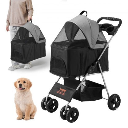 Pet Stroller, 4 Wheels Dog Stroller Rotate with Brakes, 35lbs Weight Capacity, Puppy Stroller with Detachable Carrier, Storage Basket and Cup Holder, for Dogs and Cats Travel, Black+Dark Grey