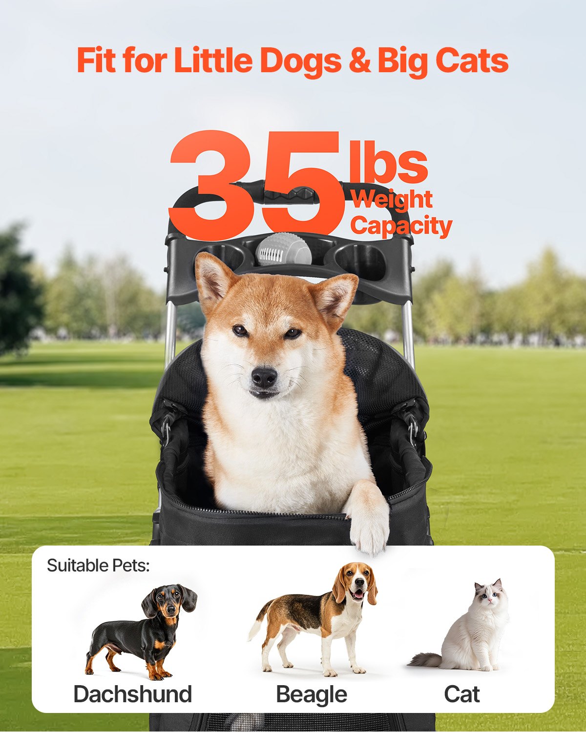 Pet Stroller, 35 lbs Weight Capacity, Foldable Dog Stroller Cart, 4 Wheels Cats Pram with Detachable Carrier & Mesh Windows, Portable Animal Carrier with Brake for Small to Medium Pets