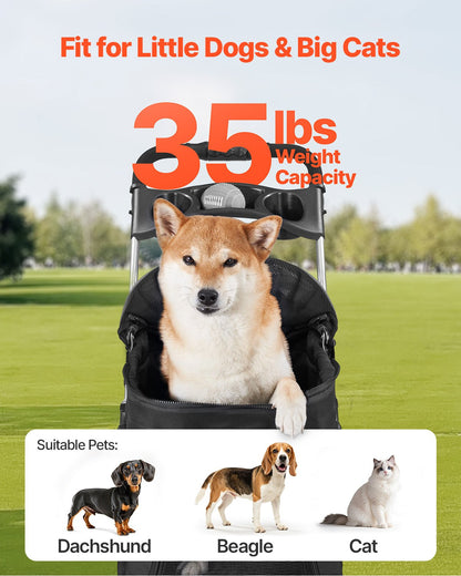 Pet Stroller, 35 lbs Weight Capacity, Foldable Dog Stroller Cart, 4 Wheels Cats Pram with Detachable Carrier & Mesh Windows, Portable Animal Carrier with Brake for Small to Medium Pets