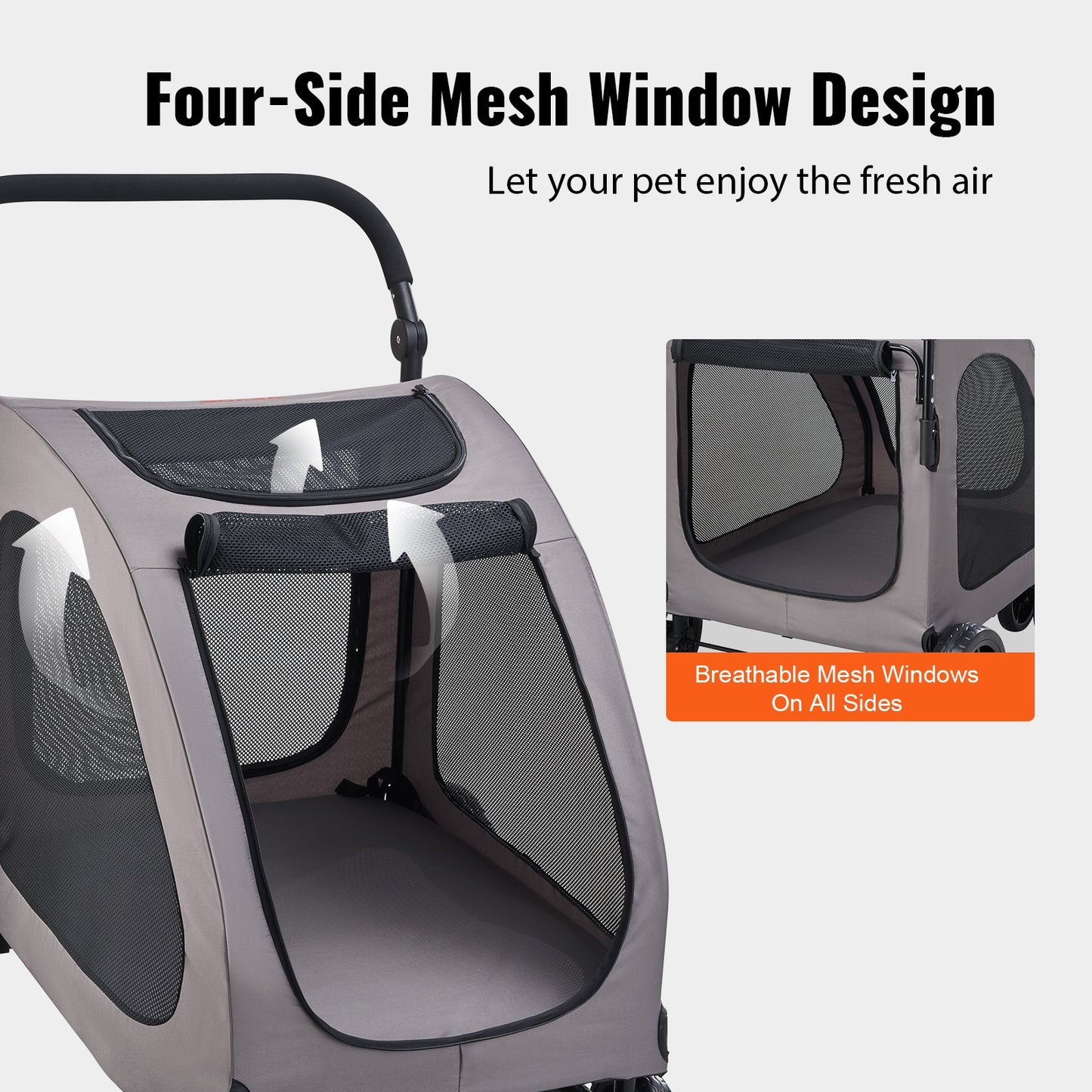 Husdjursvagn, 4-hjulig hundvagn med bromsar, viktkapacitet 70 kg, bärbar valpvagnsbärare med ventilerande nätfönster och höjdjusterbar höjd, djurvagn för katter och hundar