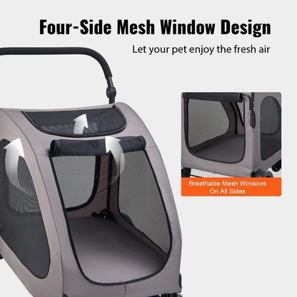 Husdjursvagn, 4-hjulig hundvagn med bromsar, viktkapacitet 70 kg, bärbar valpvagnsbärare med ventilerande nätfönster och höjdjusterbar höjd, djurvagn för katter och hundar