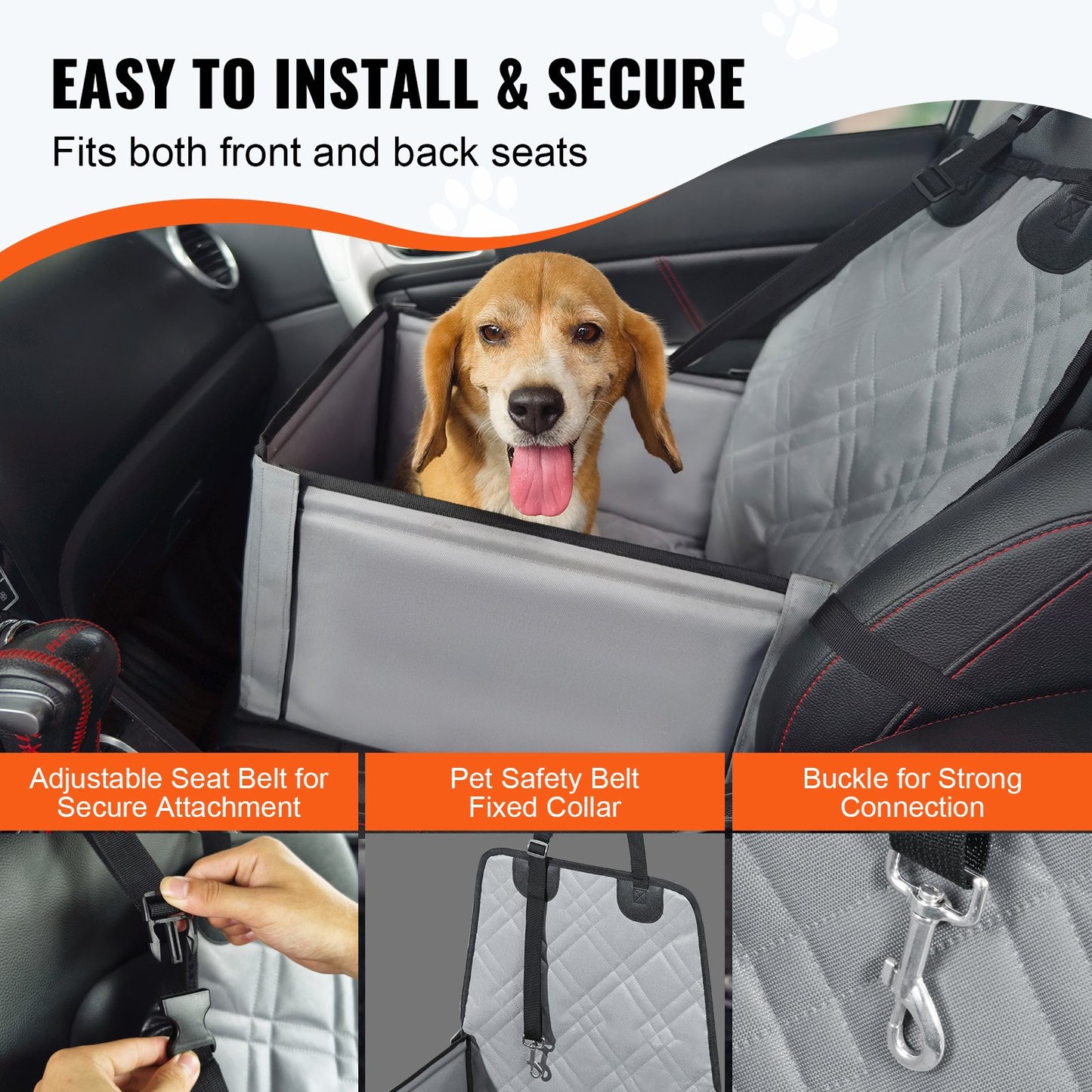 Dog Car Seat, Dog Booster Seat for Car with Support Frame, Pet Car Seat with Clip-On Safety Leash, Cotton Filling, Dog Car Bed for Small Dog up to 26 lbs, Gray