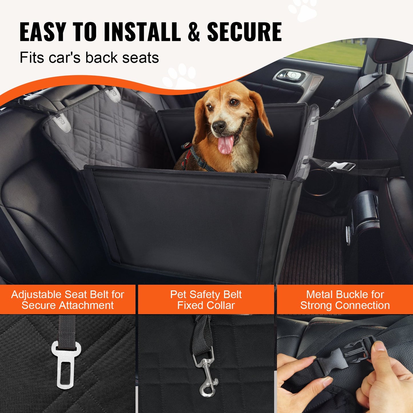Dog Car Seat, Waterproof Dog Booster Seat for Car with Support Frame, Pet Car Seat with Clip-On Safety Leash, Dog Car Bed for Small, Medium and Large Dog up to 48.5 lbs, Black