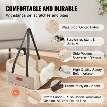 Konsolsittstol för hund, mittkonsolsittstol för hund, hundbältesstol för små hundar, bilbarnstol för armstöd med clip-on koppel, justerbara remmar, stöder upp till 3,6 kg, ljusbrun