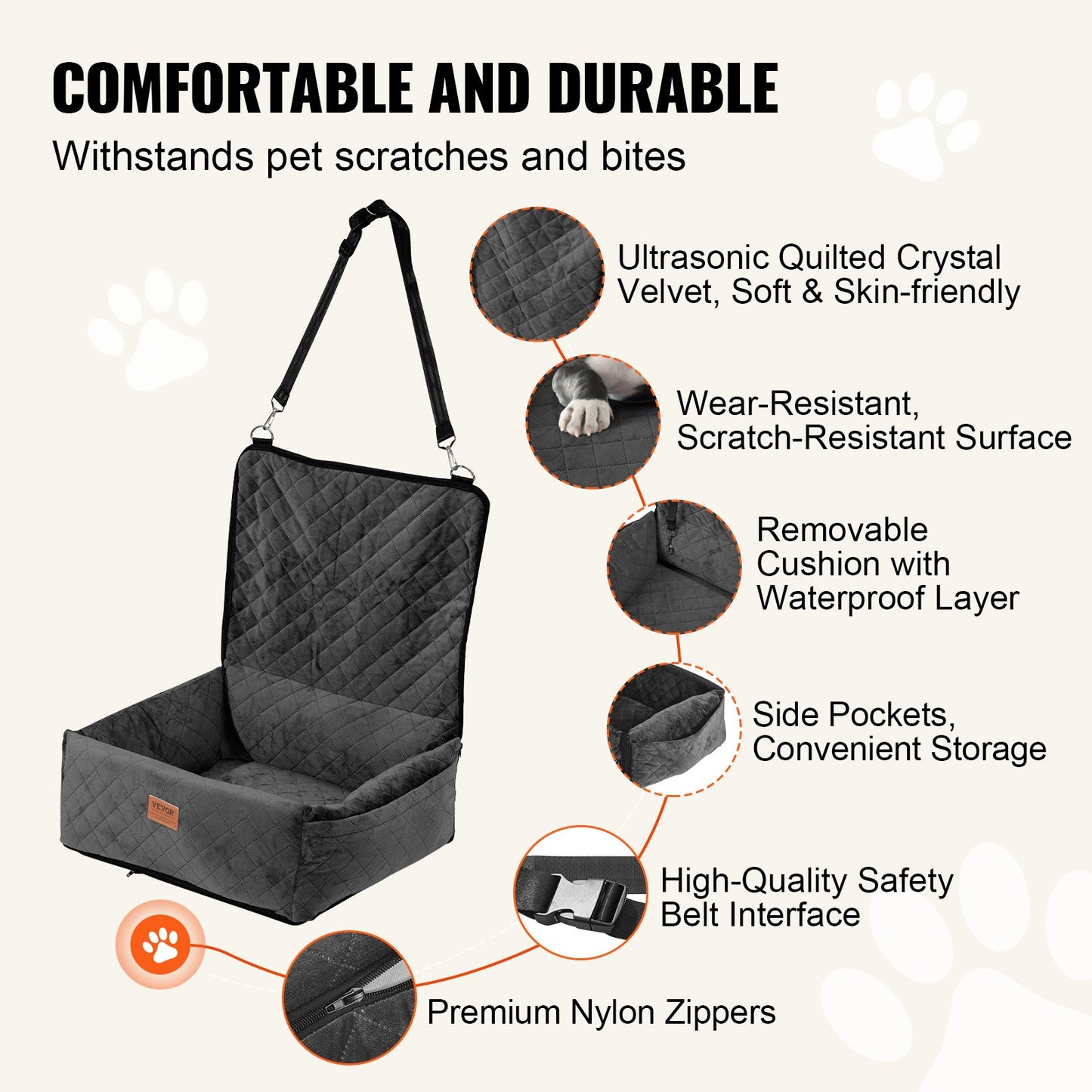 Dog Car Seat, Dog Booster Seat for Car with A Storage Pocket, Clip-On Safety Leash, Sponge and PP Cotton Filling, Dog Car Bed for Small & Medium Dog up to 40lbs, Black