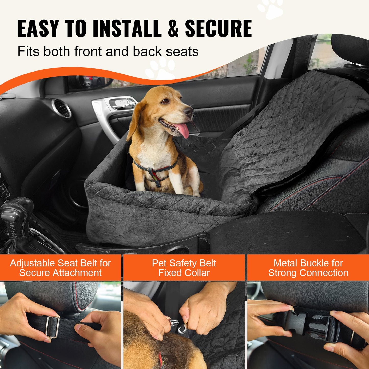 Dog Car Seat, Dog Booster Seat for Car with A Storage Pocket, Clip-On Safety Leash, Sponge and PP Cotton Filling, Dog Car Bed for Small & Medium Dog up to 40lbs, Black