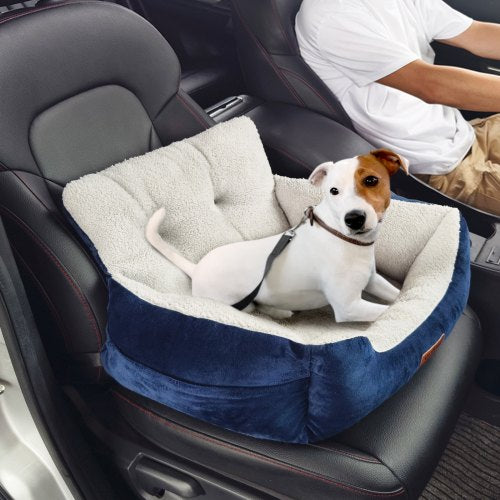 Dog Car Seat, Dog Booster Seat for Car with High Back, A Storage Pocket, Clip-On Safety Leash, PP Cotton Filling, Dog Car Bed for Small Dog up to 20lbs, Dark Blue+Gray