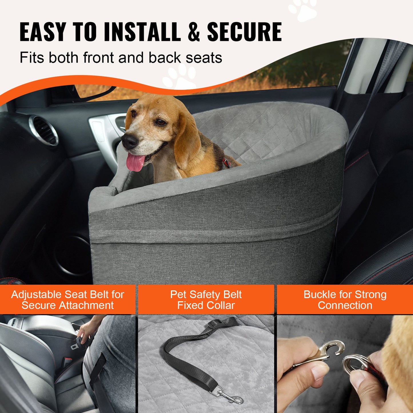 Dog Car Seat, Waterproof Dog Booster Seat for Car with A Storage Pocket, Clip-On Safety Leash and Sponge Filling, Dog Car Bed for Small & Medium Dog up to 55lbs, Gray