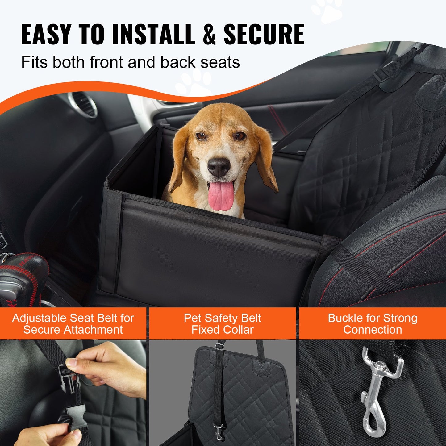 Dog Car Seat, Dog Booster Seat for Car with Support Frame, Pet Car Seat with Clip-On Safety Leash, Cotton Filling, Dog Car Bed for Small Dog up to 26 lbs, Black