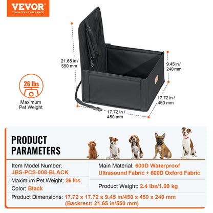 Dog Car Seat, Dog Booster Seat for Car with Support Frame, Pet Car Seat with Clip-On Safety Leash, Cotton Filling, Dog Car Bed for Small Dog up to 26 lbs, Black