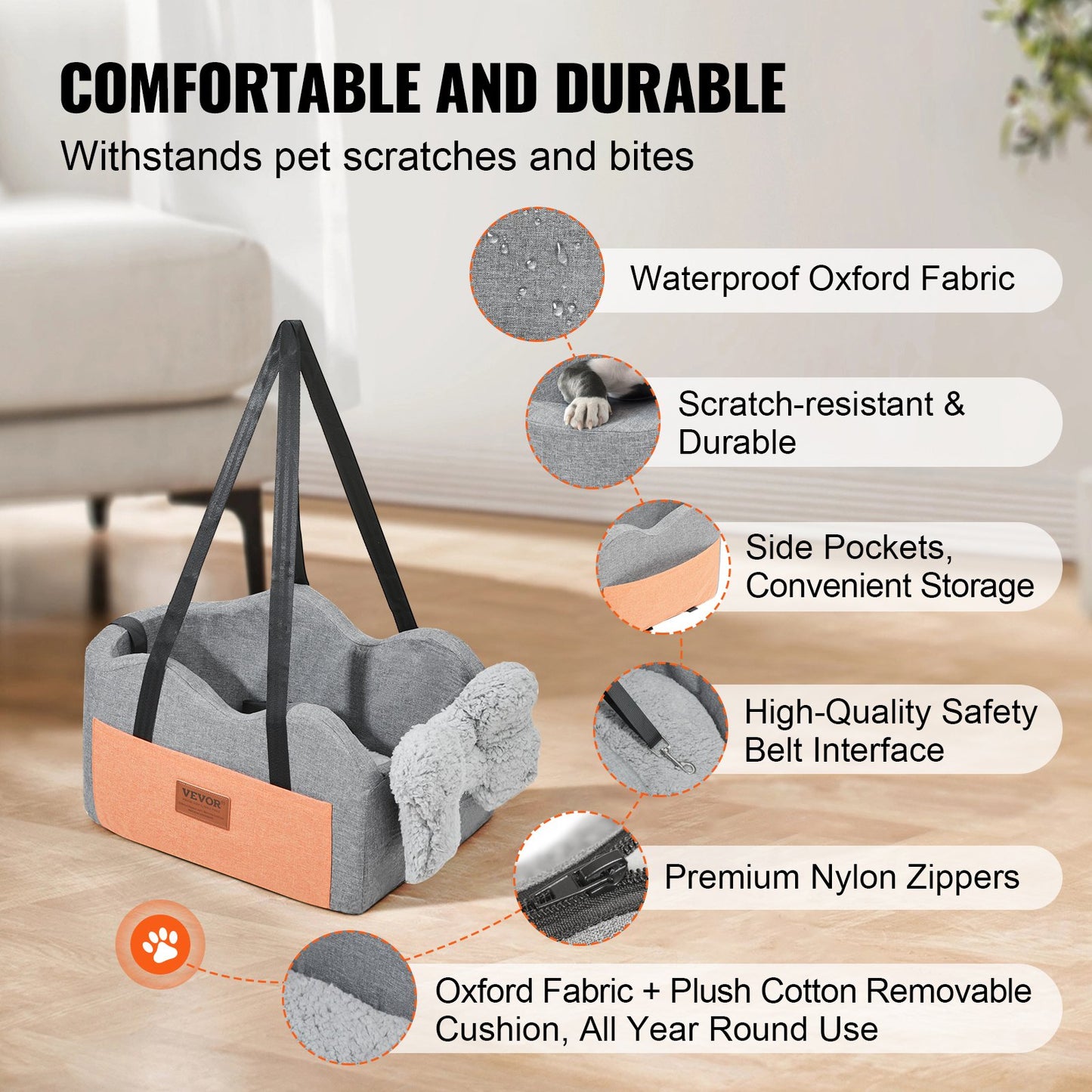 Console Dog Car Seat, Center Console Dog Booster Seat for Small Dog, Pet Car Seat for Car Armrest with Clip-On Leash, Adjustable Straps, Supports up to 8lbs, Dark Gray