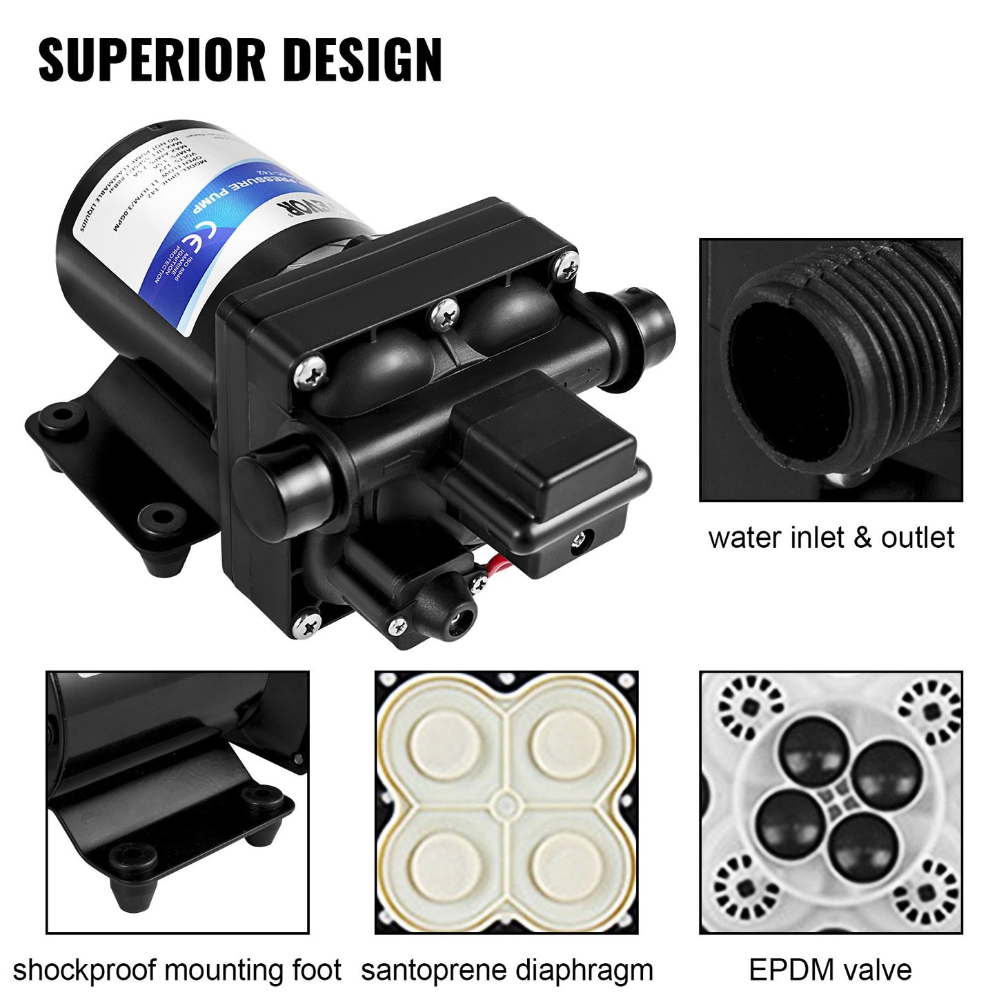 Fresh Water Pump, 12 V Self Priming Sprayer Pump, 11 L/min(3 GPM) RV Water Pump, with Pressure Switch 3.8 bar(55 PSI) Self Priming Water Pump, Detachable Strainer 12V Diaphragm Pump, for RV Camper Marine Boat Lawn
