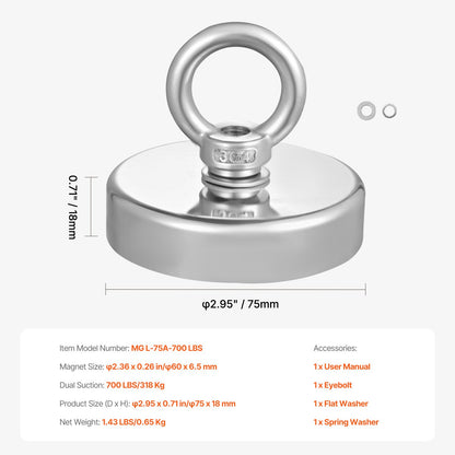 Fiskemagnet, 700 LBS/318 kg dragkraft Superstark neodymmagnet för fiske, sällsynt jordartsmetallmagnet med handtagsdiameter 2,36 tum/60 mm för hämtning i floder, magnetiskt fiske, kraftig upphängning