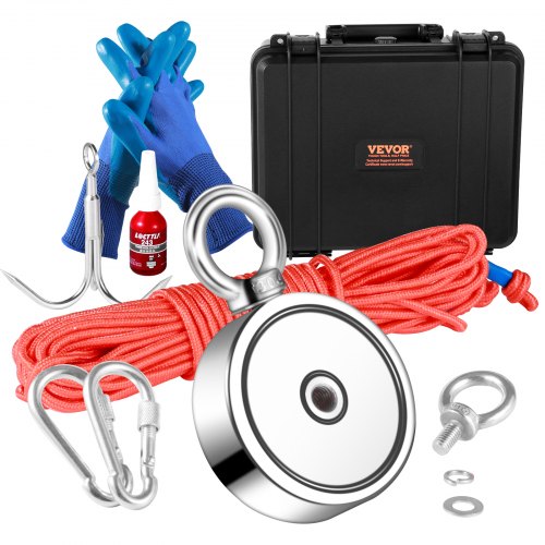Magnet Fishing Kit, 544.3 kg Pulling Force Double Sided Fishing Magnets, 7.5 cm Diameter Magnet with Rope, Grappling Hook, Gloves, Waterproof Case, Threadlocker, Eye Bolt, for Fishing