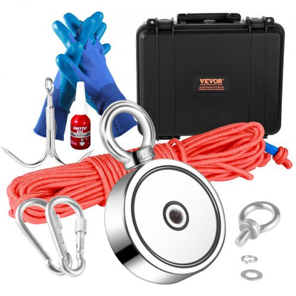 Magnet Fishing Kit, 544.3 kg Pulling Force Double Sided Fishing Magnets, 7.5 cm Diameter Magnet with Rope, Grappling Hook, Gloves, Waterproof Case, Threadlocker, Eye Bolt, for Fishing