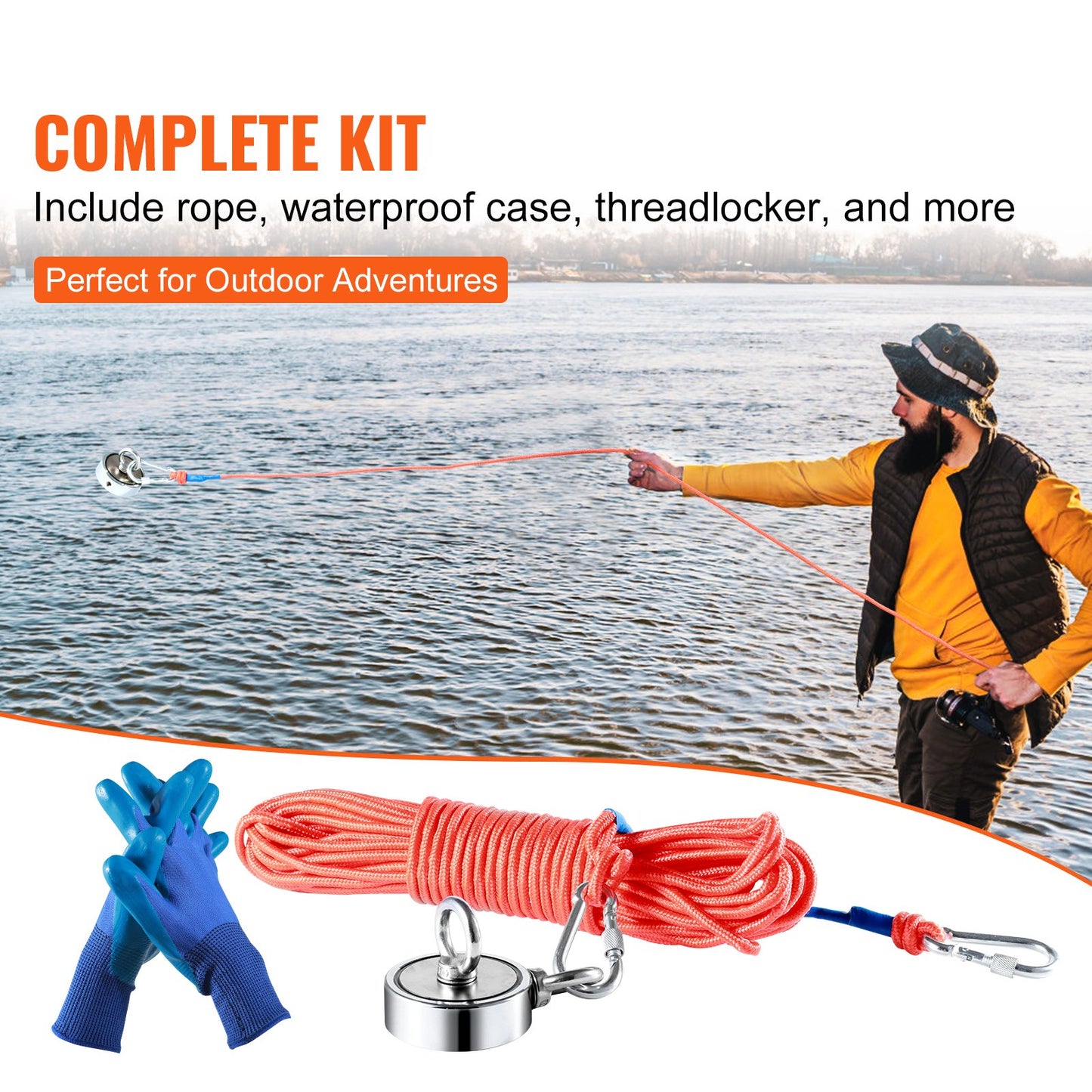 Magnet Fishing Kit, 544.3 kg Pulling Force Double Sided Fishing Magnets, 7.5 cm Diameter Magnet with Rope, Grappling Hook, Gloves, Waterproof Case, Threadlocker, Eye Bolt, for Fishing