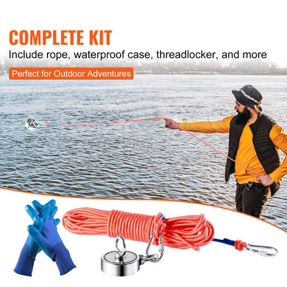 Magnet Fishing Kit, 544.3 kg Pulling Force Double Sided Fishing Magnets, 7.5 cm Diameter Magnet with Rope, Grappling Hook, Gloves, Waterproof Case, Threadlocker, Eye Bolt, for Fishing