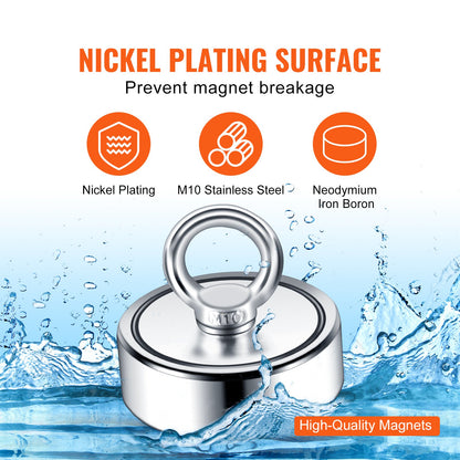 Magnet Fishing Kit, 544.3 kg Pulling Force Double Sided Fishing Magnets, 7.5 cm Diameter Magnet with Rope, Grappling Hook, Gloves, Waterproof Case, Threadlocker, Eye Bolt, for Fishing