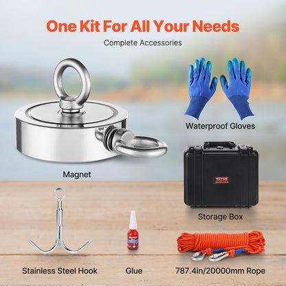 Magnetfiskesats, 1400 LBS/635 kg dubbelsidig dragkraftmagnetfiskesats, magnetiskt fiskesats av sällsynta jordartsmetaller i neodym. Inkluderar enterkrok, kraftigt rep, handskar, öglebult, bärväska.