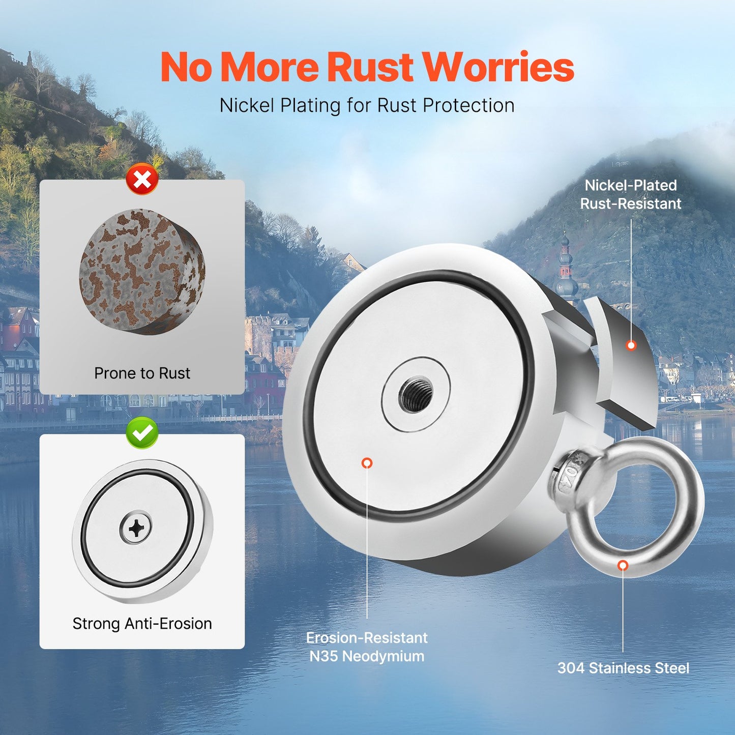 Magnetfiskesats, 1400 LBS/635 kg dubbelsidig dragkraftmagnetfiskesats, magnetiskt fiskesats av sällsynta jordartsmetaller i neodym. Inkluderar enterkrok, kraftigt rep, handskar, öglebult, bärväska.