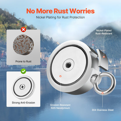 Magnetfiskesats, 1400 LBS/635 kg dubbelsidig dragkraftmagnetfiskesats, magnetiskt fiskesats av sällsynta jordartsmetaller i neodym. Inkluderar enterkrok, kraftigt rep, handskar, öglebult, bärväska.