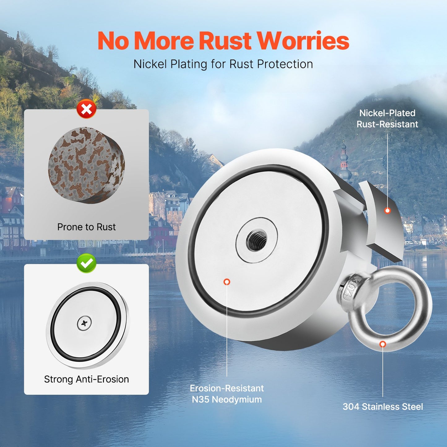 Magnetfiskesats, 907 kg dubbelsidig dragkraft, stark magnetfiskesats, magnetiskt fiskesats av sällsynta jordartsmetaller i neodym. Inkluderar enterkrok, kraftigt rep, handskar och öglebult.