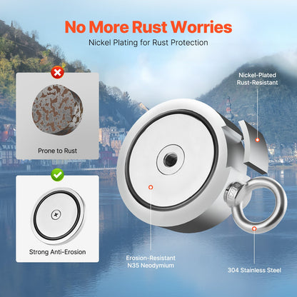 Magnetfiskesats, 907 kg dubbelsidig dragkraft, stark magnetfiskesats, magnetiskt fiskesats av sällsynta jordartsmetaller i neodym. Inkluderar enterkrok, kraftigt rep, handskar och öglebult.