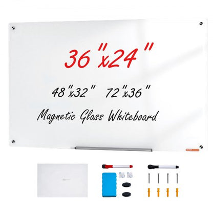 Magnetic Glass Whiteboard, Dry Erase Board 900 x 600 mm, Wall-Mounted Large White Glassboard Frameless, with Marker Tray, an Eraser and 2 Markers, White