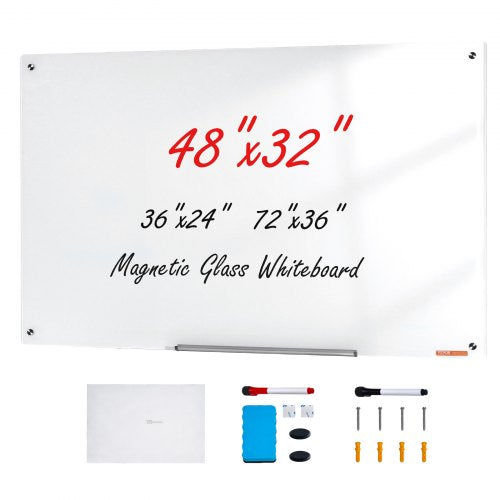 Magnetic Glass Whiteboard, Dry Erase Board 1200 x 800 mm, Wall-Mounted Large White Glassboard Frameless, with Marker Tray, an Eraser and 2 Markers, White