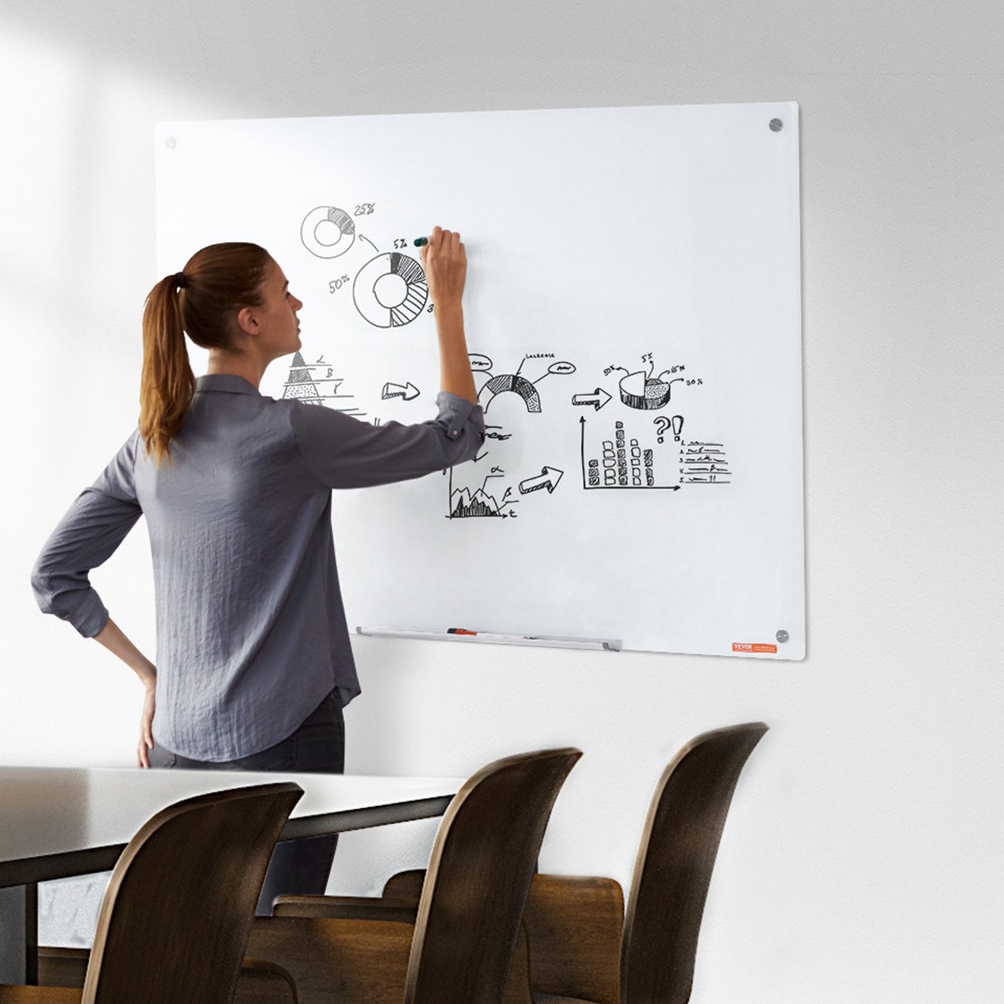 Magnetic Glass Whiteboard, Dry Erase Board 1200 x 800 mm, Wall-Mounted Large White Glassboard Frameless, with Marker Tray, an Eraser and 2 Markers, White