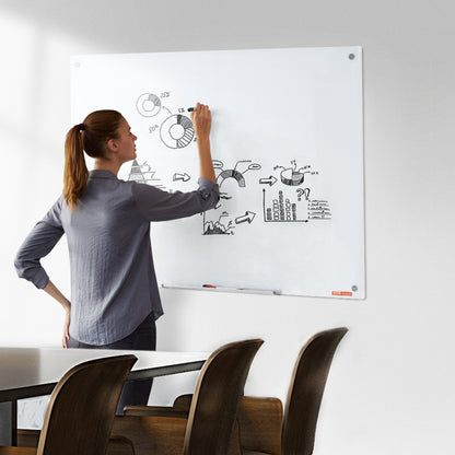 Magnetic Glass Whiteboard, Dry Erase Board 1200 x 800 mm, Wall-Mounted Large White Glassboard Frameless, with Marker Tray, an Eraser and 2 Markers, White