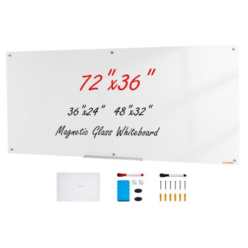 Magnetic Glass Whiteboard, Dry Erase Board 72"x36", Wall-Mounted Large White Glassboard Frameless, with Marker Tray, an Eraser and 2 Markers, White