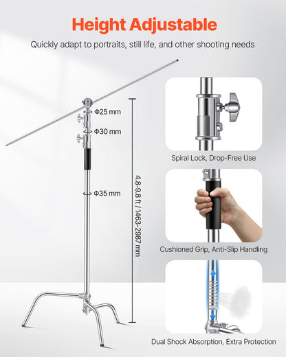 C Stand, Max Height 10.83 ft/330 cm, Stainless Steel Heavy Duty Photography Light Stand with 4.5m-3m / 4.8-9.8 ft Adjustable Height, 20 kg/44 lbs Load Capacity for Studio Softbox, Monolight, Reflector