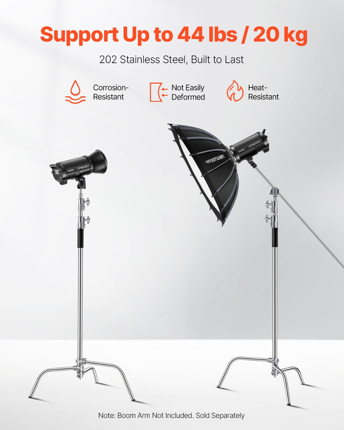 C Stand, Max Height 10.83 ft/330 cm, Stainless Steel Heavy Duty Photography Light Stand with 4.5m-3m / 4.8-9.8 ft Adjustable Height, 20 kg/44 lbs Load Capacity for Studio Softbox, Monolight, Reflector