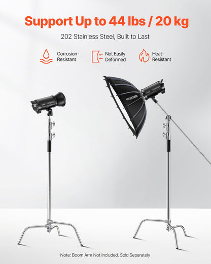 C Stand, Max Height 10.83 ft/330 cm, Stainless Steel Heavy Duty Photography Light Stand with 4.5m-3m / 4.8-9.8 ft Adjustable Height, 20 kg/44 lbs Load Capacity for Studio Softbox, Monolight, Reflector