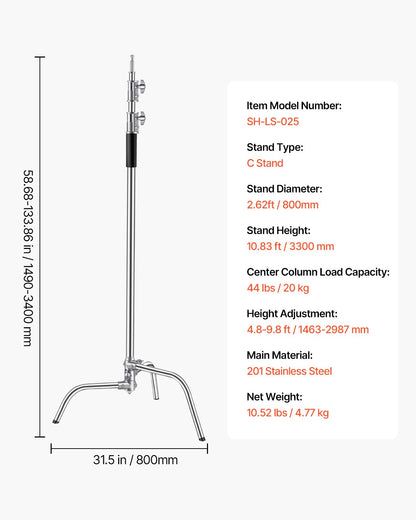C Stand, Max Height 10.83 ft/330 cm, Stainless Steel Heavy Duty Photography Light Stand with 4.5m-3m / 4.8-9.8 ft Adjustable Height, 20 kg/44 lbs Load Capacity for Studio Softbox, Monolight, Reflector