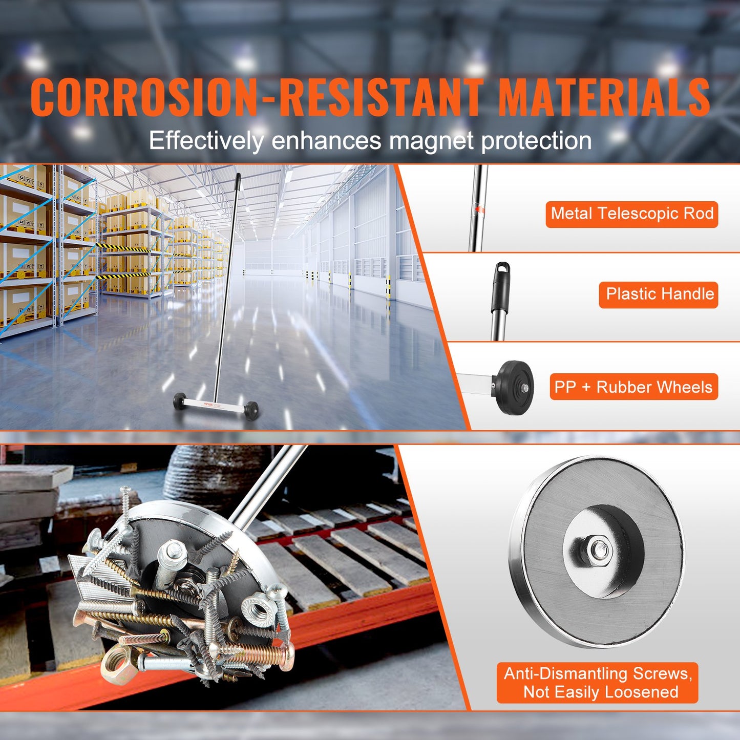 15-tums magnetisk sopmaskin med hjul, 3,6 kg kapacitet, med teleskopiskt magnetiskt uppsamlingsverktyg, justerbart handtag, magnetisk uppsamlingssopmaskin för att plocka upp spikar och skruvar, för verkstad, garage, gård